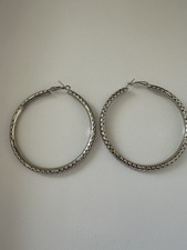 Large Silver Tone Hoop Earrings Pierced 2.5  W