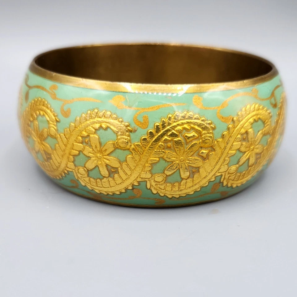 Seafoam Green & Gold Enamel Ornate Floral Wide Chunky Brass Bangle Bracelet 8" - Image 2 of 4