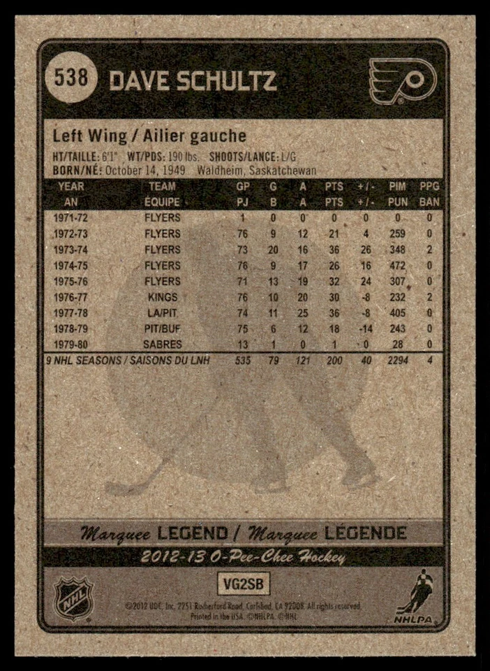 2012-13 O-Pee-Chee MARQUEE LEGEND Dave Schultz Philadelphia Flyers #538 - Image 2 of 2
