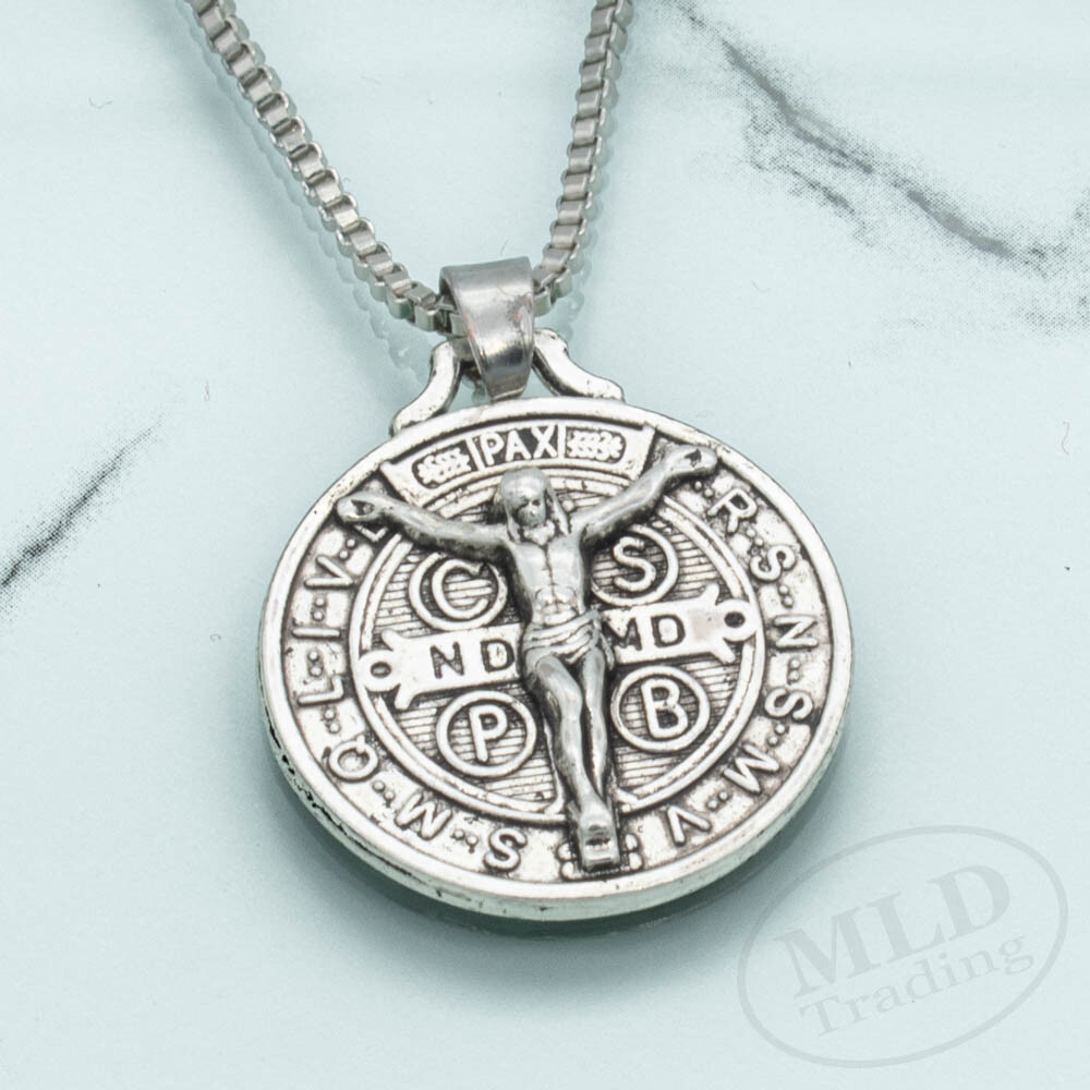 Jesus Crucifix Saint St Benedict Medal Cross Pendant Necklace 24" Box Chain