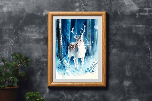 Calm Deer in Snowy Woods Painting 5"x7" Print on Matte Paper Woodland Art - Picture 10 of 18