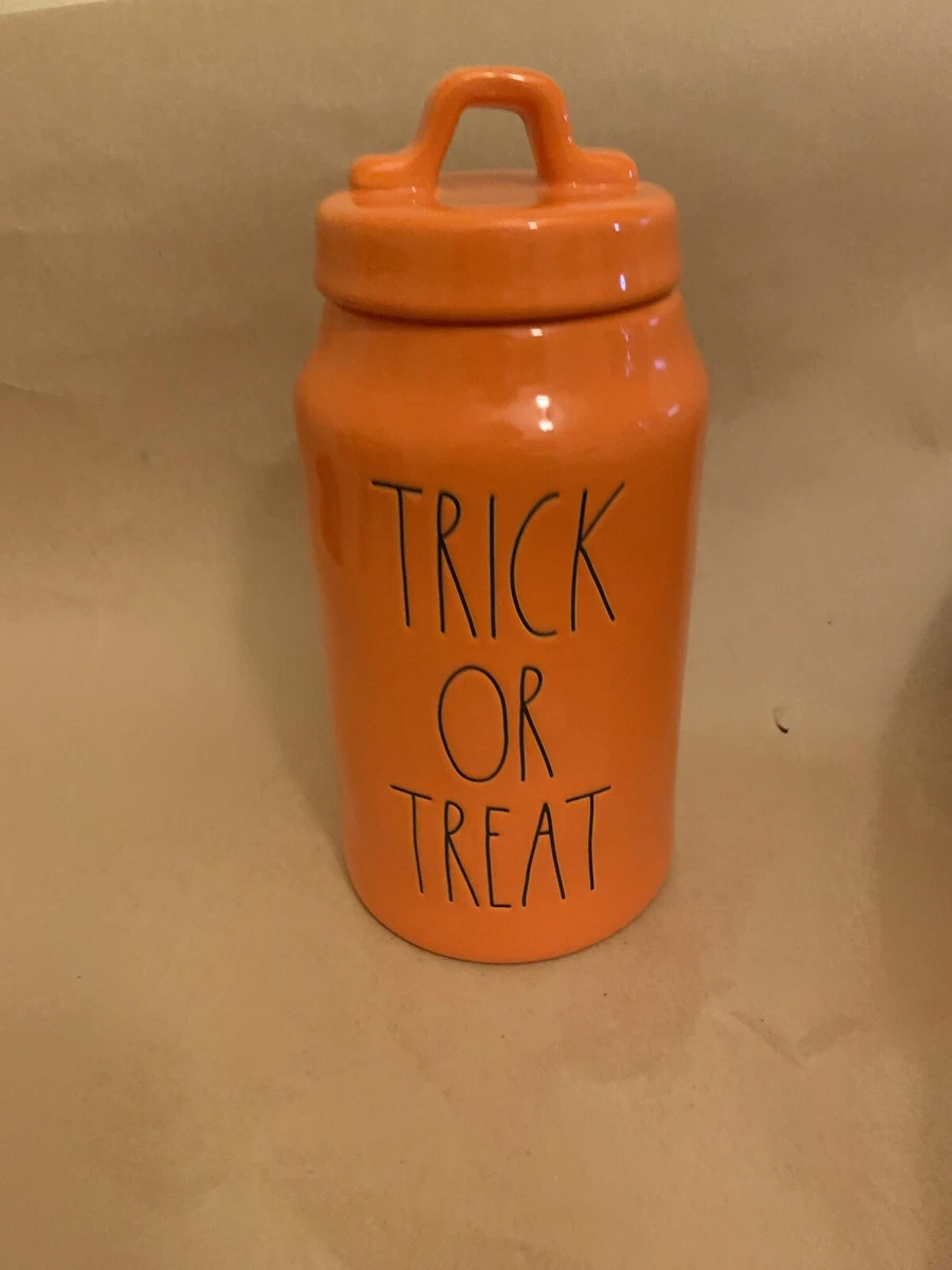 Rae Dunn Happy Halloween canister white, Orange trick or treat canister