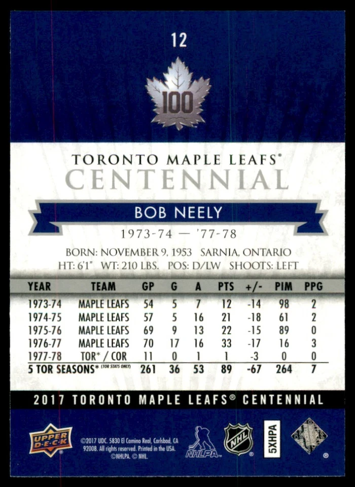 2017-18 Upper Deck Toronto Maple Leafs Centennial Base Bob Neely #12 - Image 2 of 2