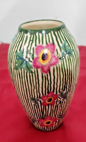 OLD CRAWFORD VASE WHITE BASE WITH GREEN LINES & PINK FLOWERS PAINTED DESIGN - Picture 2 of 8