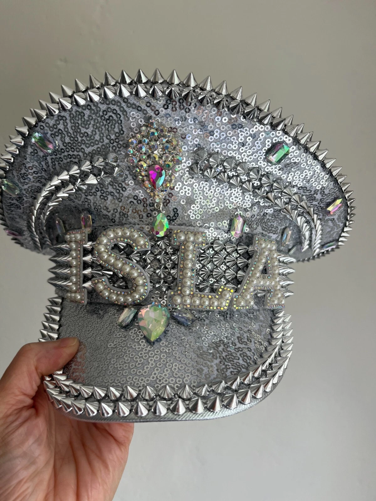 Personalised Name Age Birthday Party, Festival, Hen Silver Punk Rhinestone Hat