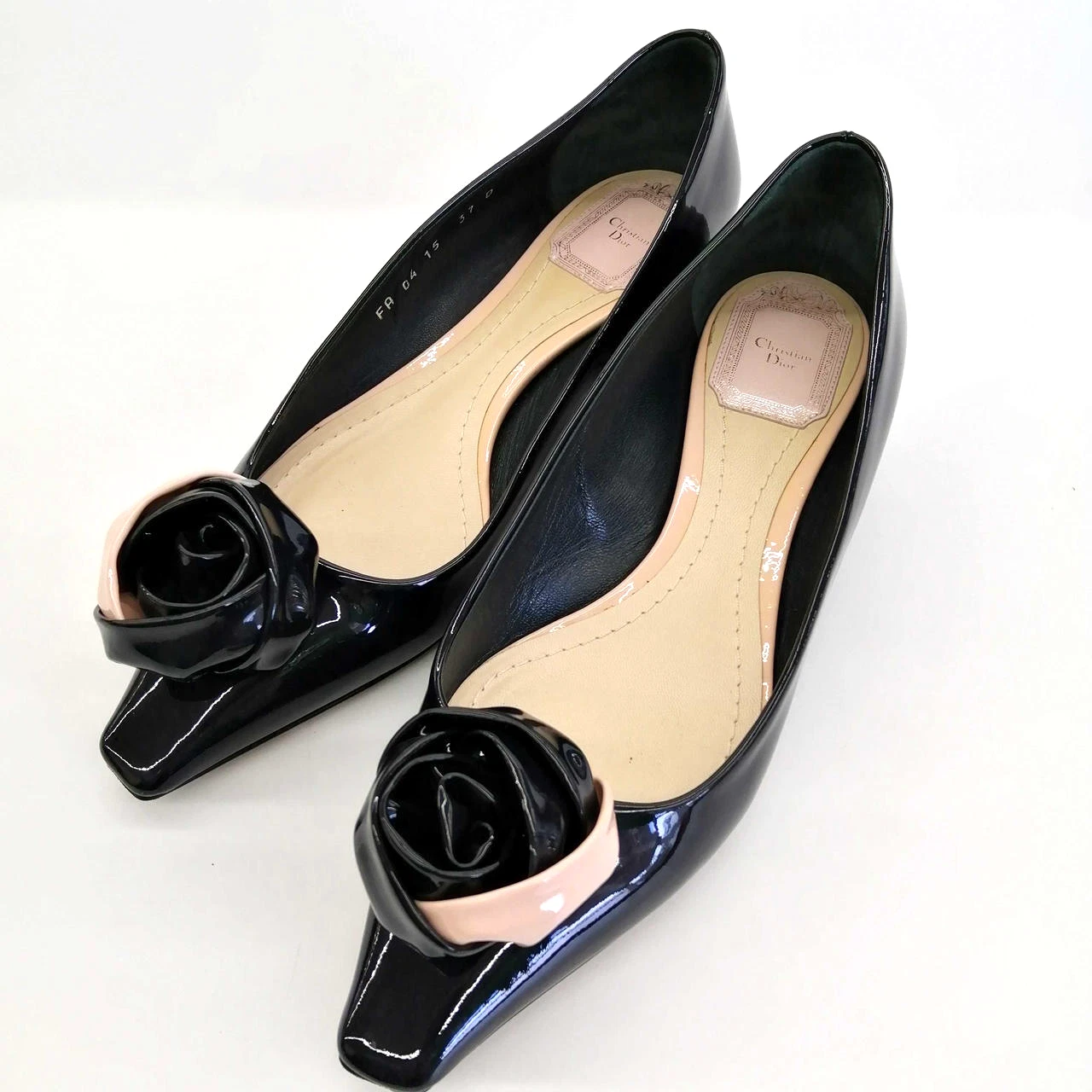 Escarpins Christian Dior rose ballerines bleu marine foncé rose cuir verni pointure 37
