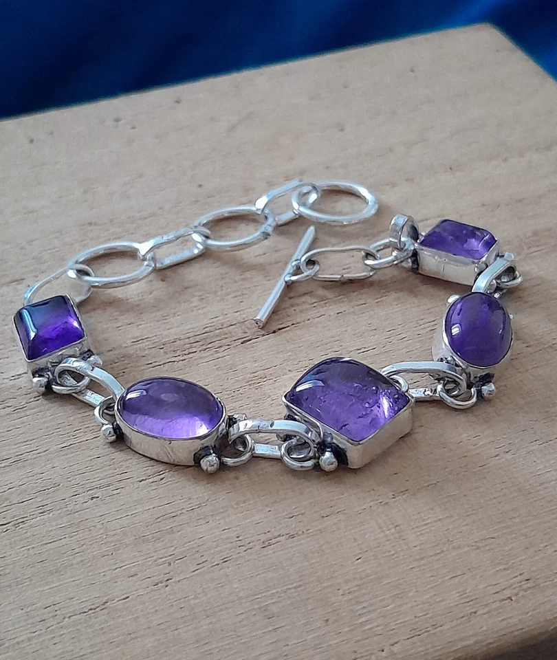 BRACCIALE DONNA AMETISTA NATURALE CABOCHON IN ARGENTO MASSICCIO 925 IDEA REGALO - Immagine 2 di 4