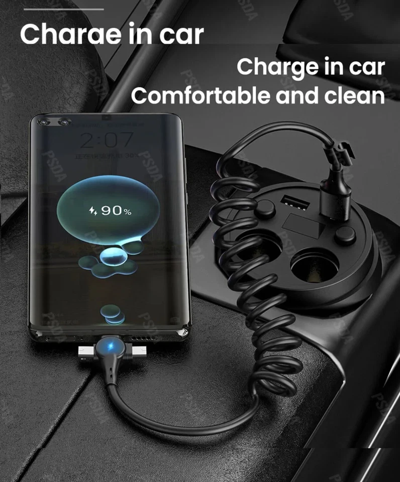 USB-A Kabel Typ-C+Micro+iPhone Handy Auto Ladekabel Schnellladekabel Spiralkabel - Bild 4 von 4