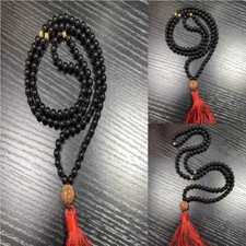 8mm 108 black agate bead knot necklace fringe Chakra Women Unisex