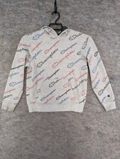 Champion Hoodie Boys Youth Medium Gray Pullover Allover Logo Print Front Pocket