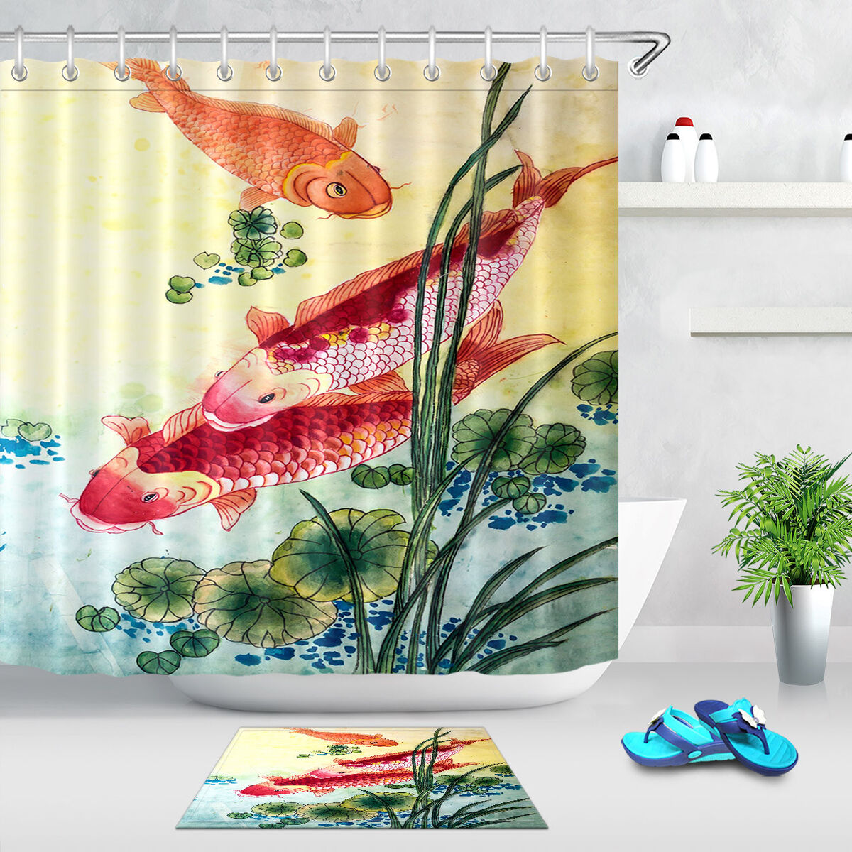 Koi Fish Play In Lotus Waterproof Fabric Shower Curtain Set