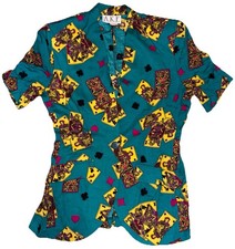 Vintage 80s AKF New York NWT Blouse Top Teal Poker Cards Wmns Size 6 Made In USA