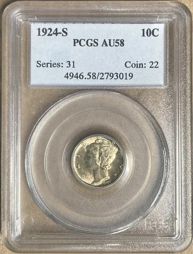 1924-S PCGS AU58 Mercury Dime 10c - San Francisco Mint
