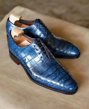 New Handmade Men's Blue Crocodile Leather Texture Lace Up Dress Formal Shoes Men