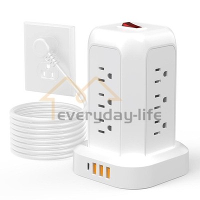 USB C Power Strip Tower, Surge Protector With 12 AC Outlet 4 USB Port 5FT Cord