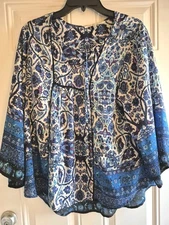 COLLECTIVE CONCEPTS Blouse - L -Split V-Neck w/Tie, 3/4 Wide Slvs, Openwork Trim