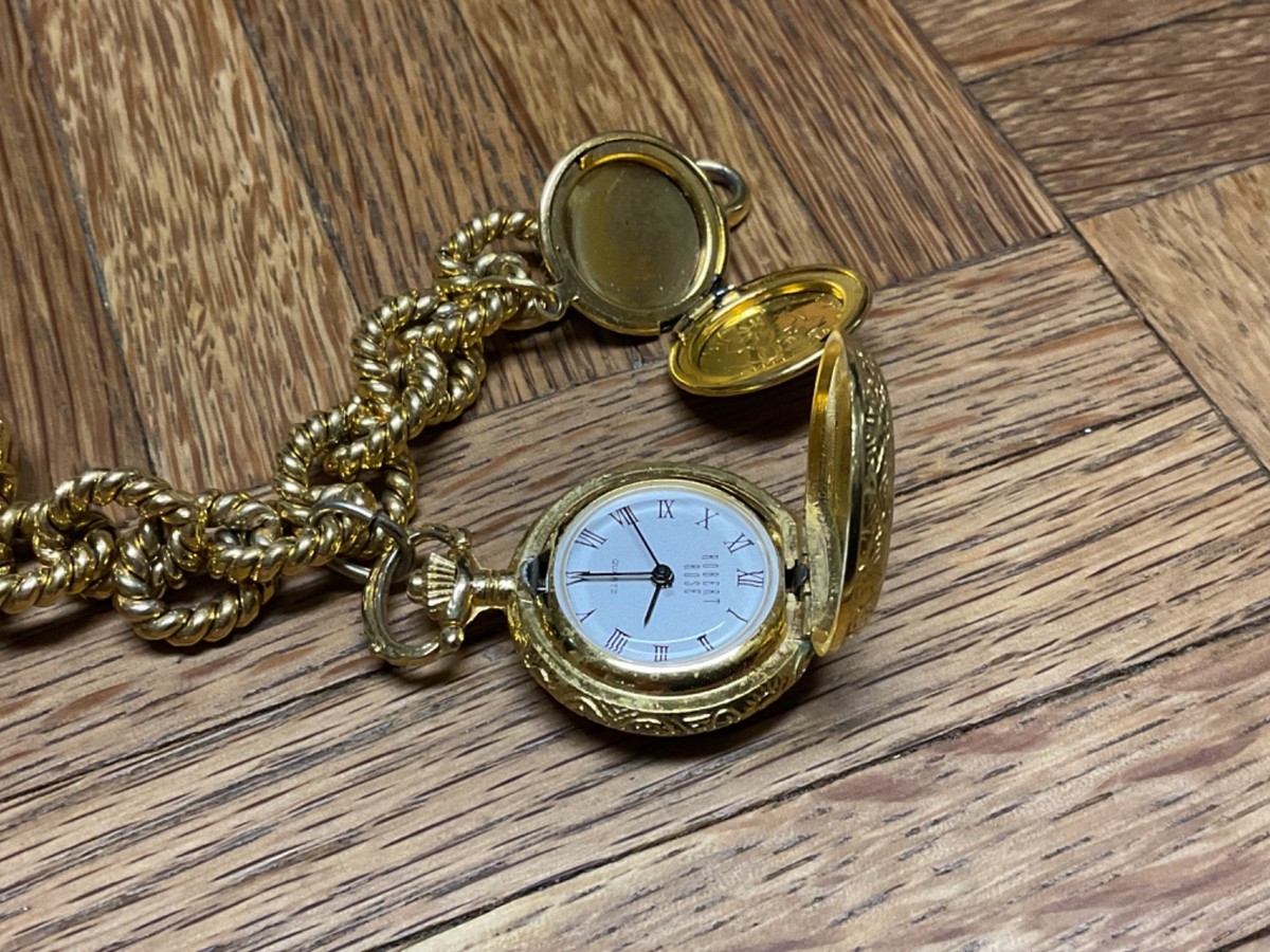 Vintage Robert Rose Quartz Watch & Lockets  Charms Bracelet Heavy Gold Metal View 6