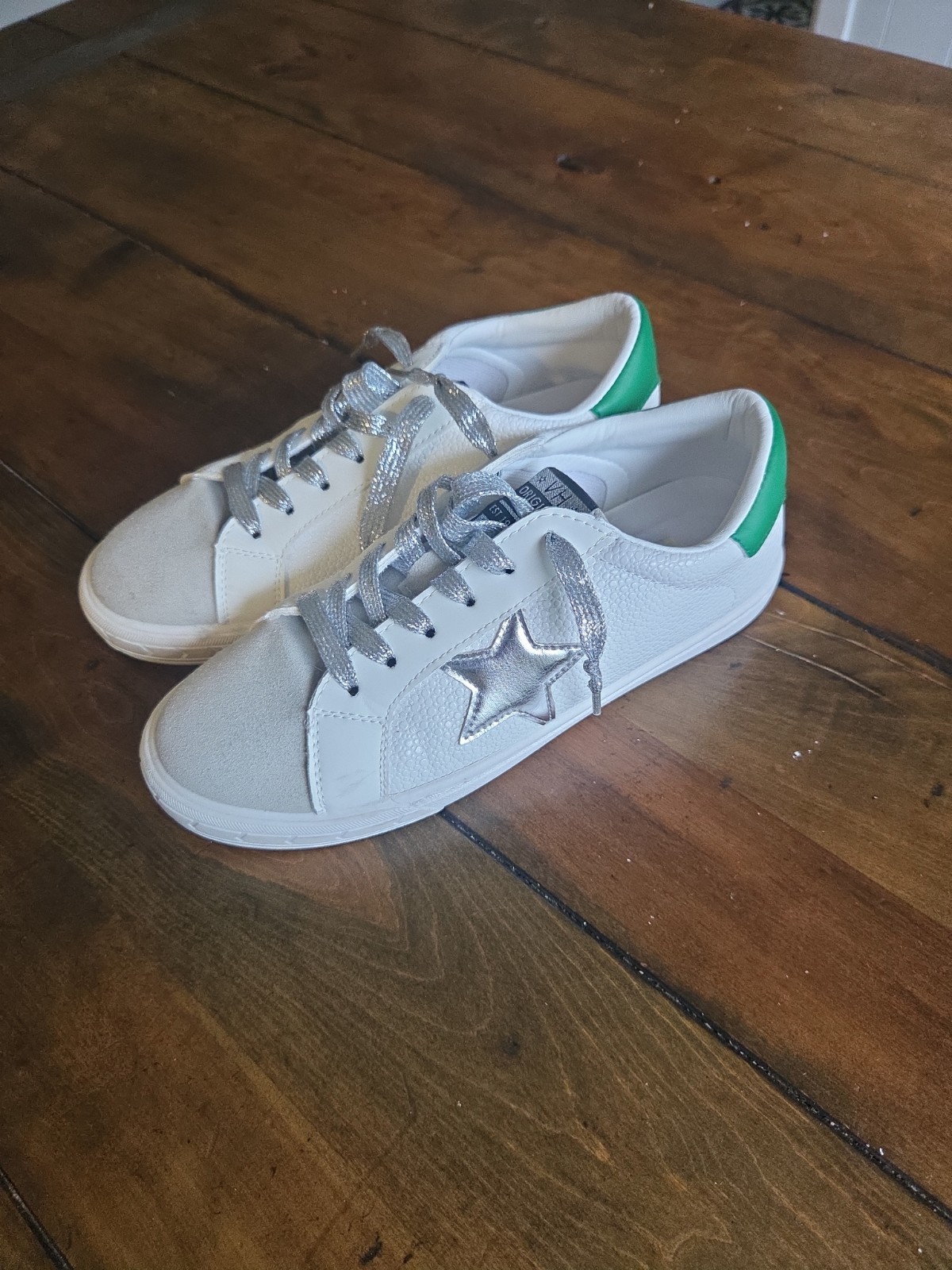 Vintage Havana Women Star Sneakers 7.5 White Green Silver Glitter Suede Low Top image 4