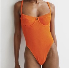 Women's NWT Orange Textured Solid One-Piece Swimsuit w/ Straps  Back Tie, S
