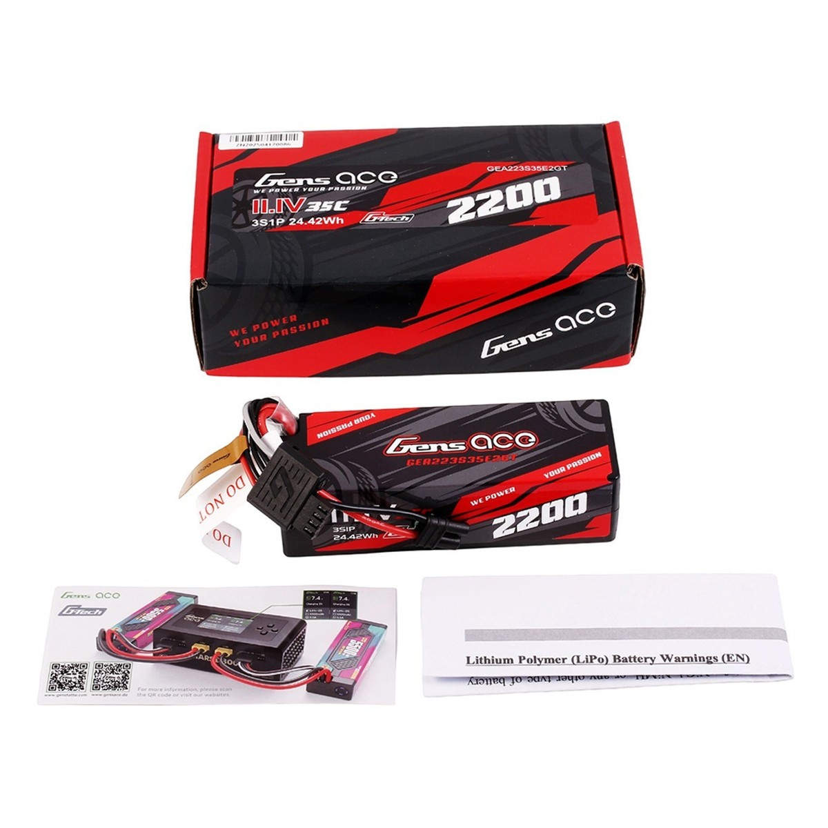 2x Gens ace 2200mAh 3S 35C 11.1V HardCase GTech Lipo Battery Pack