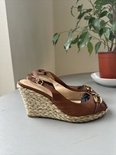 Designer LK BENNETT Classic Tan Leather Raffia Wedge Slingback Sandals UK6