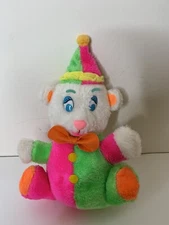 Dan Brechner Bear Clown Plush Stuffed Animal Vintage Neon Colors Pink Orange 14"
