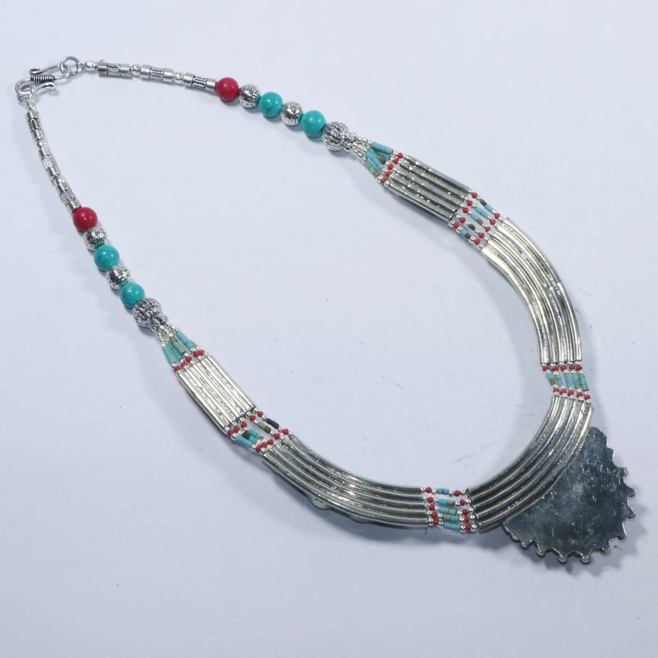 Colar de joias tribal tibetano genuíno turquesa vermelho feito à mão tamanho 20" N85 - Imagem 3 de 4