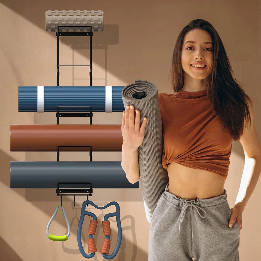 Yoga Mat Holder Wall Mount, Wall Rack Organizer, Storage Foam Roller and Block,
