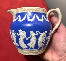 Copeland Spode Sprigware Jasper Blue Dancing Ladies Wreaths 4 1/4" tall Pitcher