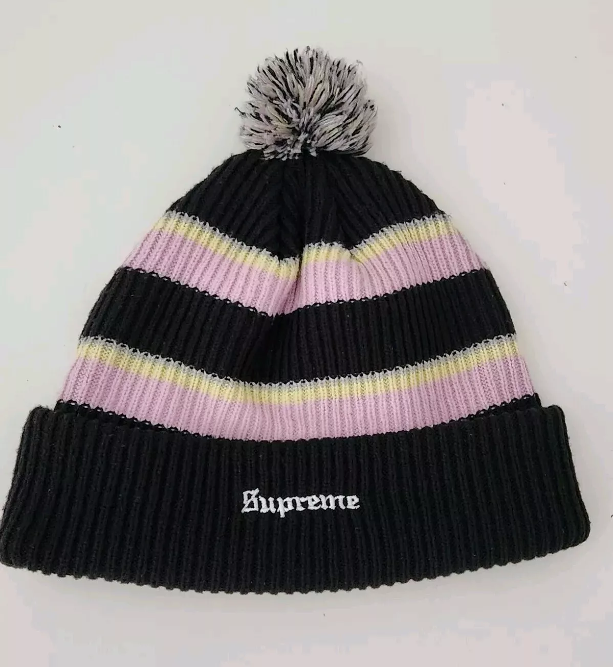 FW17 Supreme Bonnet Grande Rayure Noir Rose Jaune Chapeau Acrylique