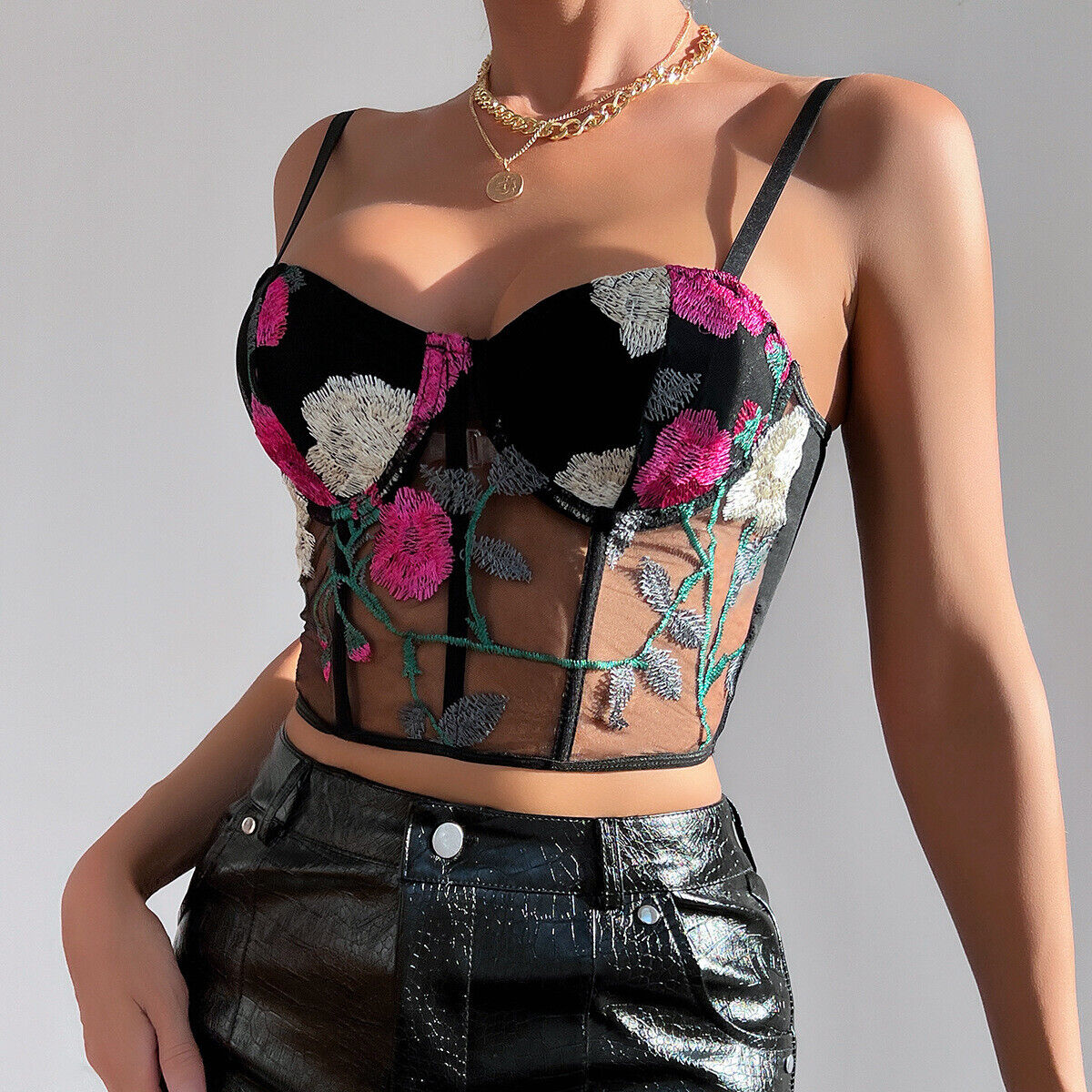 Women Top Mesh Bustier Corset Floral Embroidery Going Out Party