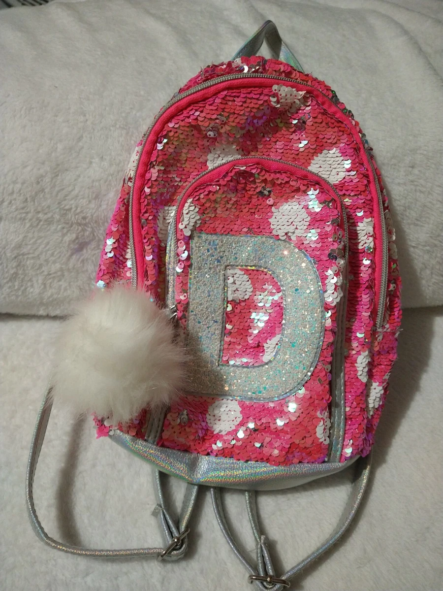 Justice Stores Girls Pink Holographic Silver Letter D Mini Backpack Fluffy  Charm