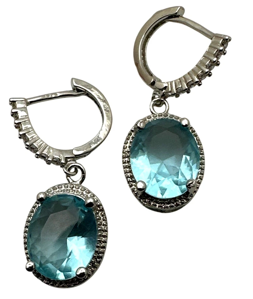 Pendientes colgantes azul ovalados facetados aguamarina cristales chapados en plata Foto 3 de 4