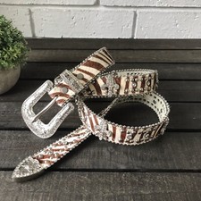 Striped Brown  White Calf Hair Crystal Fleur de Lis Studded Belt Size M/L