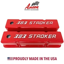 383 STROKER Chevy Valve Covers Red - SBC Tall Raised Logo - Ansen USA
