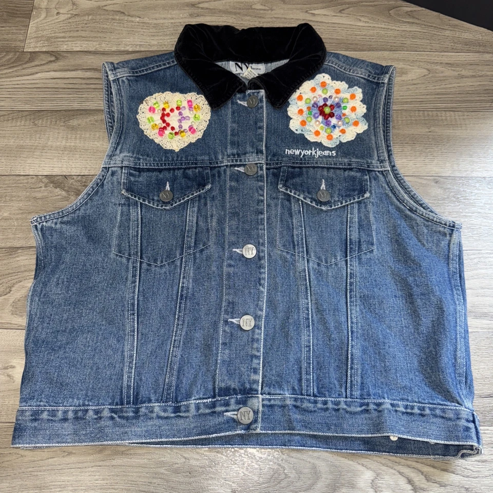 Chaleco de mezclilla para mujer de colección NY JEANS TALLA GRANDE PARCHES DE GANCHILLO PERSONALIZADOS CON CUENTAS Foto 3 de 4