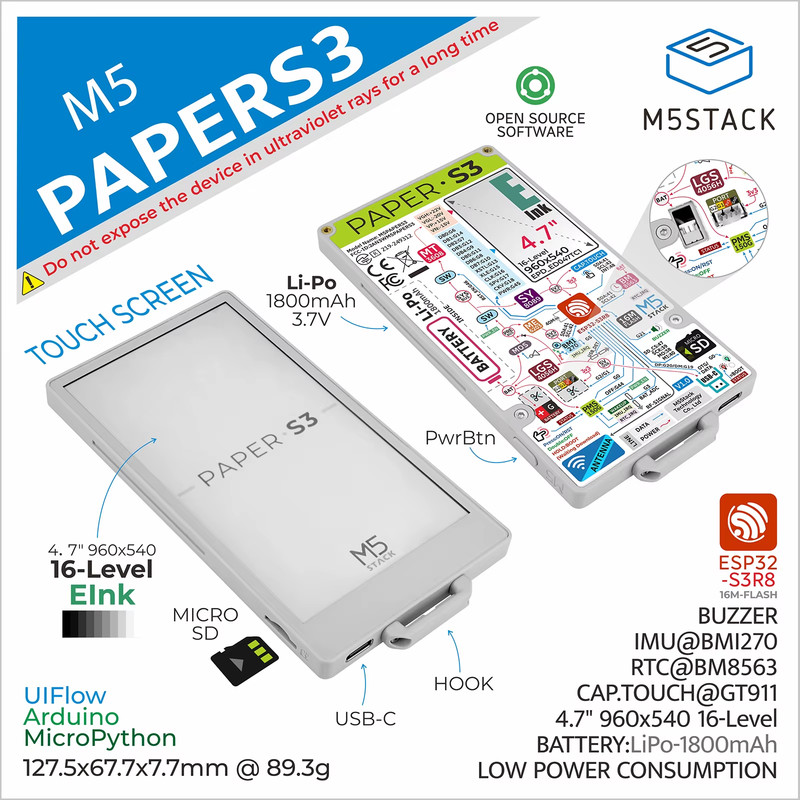 Official M5Papers3 ESP32S3 Development Kit(960X540, 4.7" elnk display, 235 ppi)