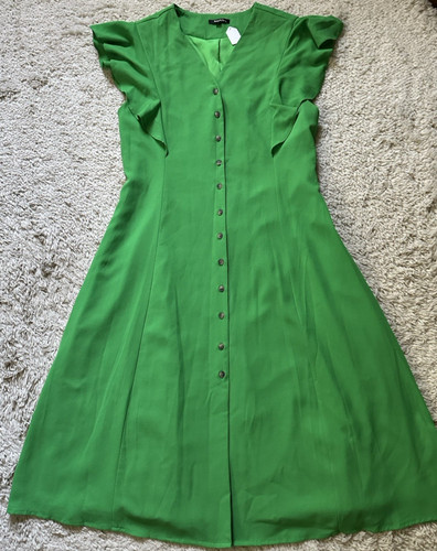 ROLYPOLY Women's Size L Kelly Green Button Front Flutter Sleeve Midi Dress NWT