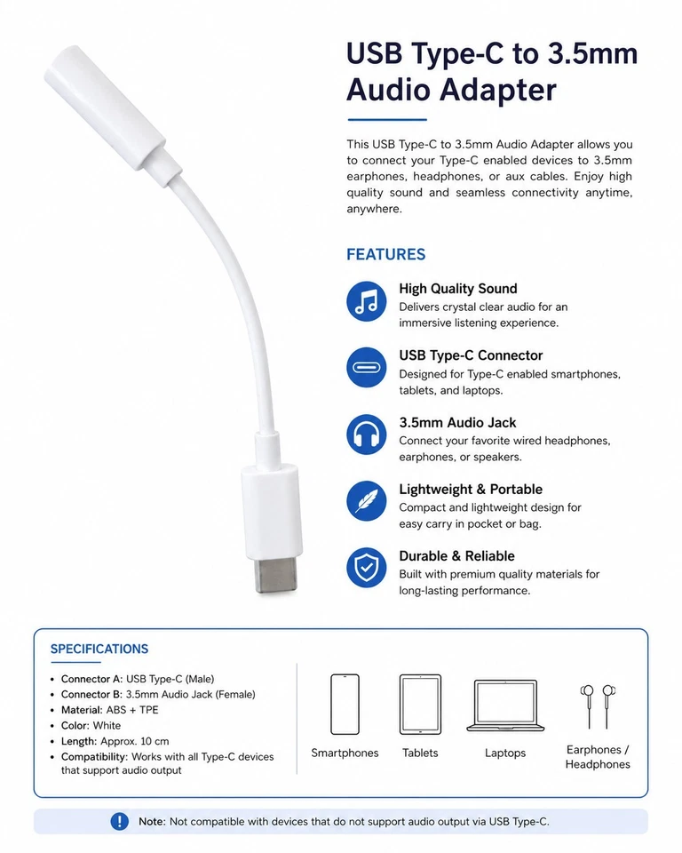 2x Adaptateurs Audio USB Type-C vers Jack 3,5 mm pour Écouteurs et Casque - Photo 1/1
