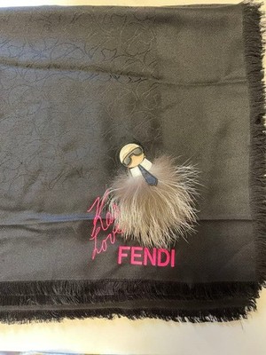 Auth FENDI Karlito Black Stole Scarf Silver Fox Fur Charm Embroidered Fringe