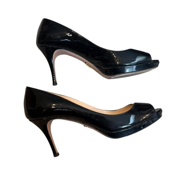 Prada Women's Size 38 Peep Toe Pump Heels Black Patent Leather Classic Luxury thumbnail 6