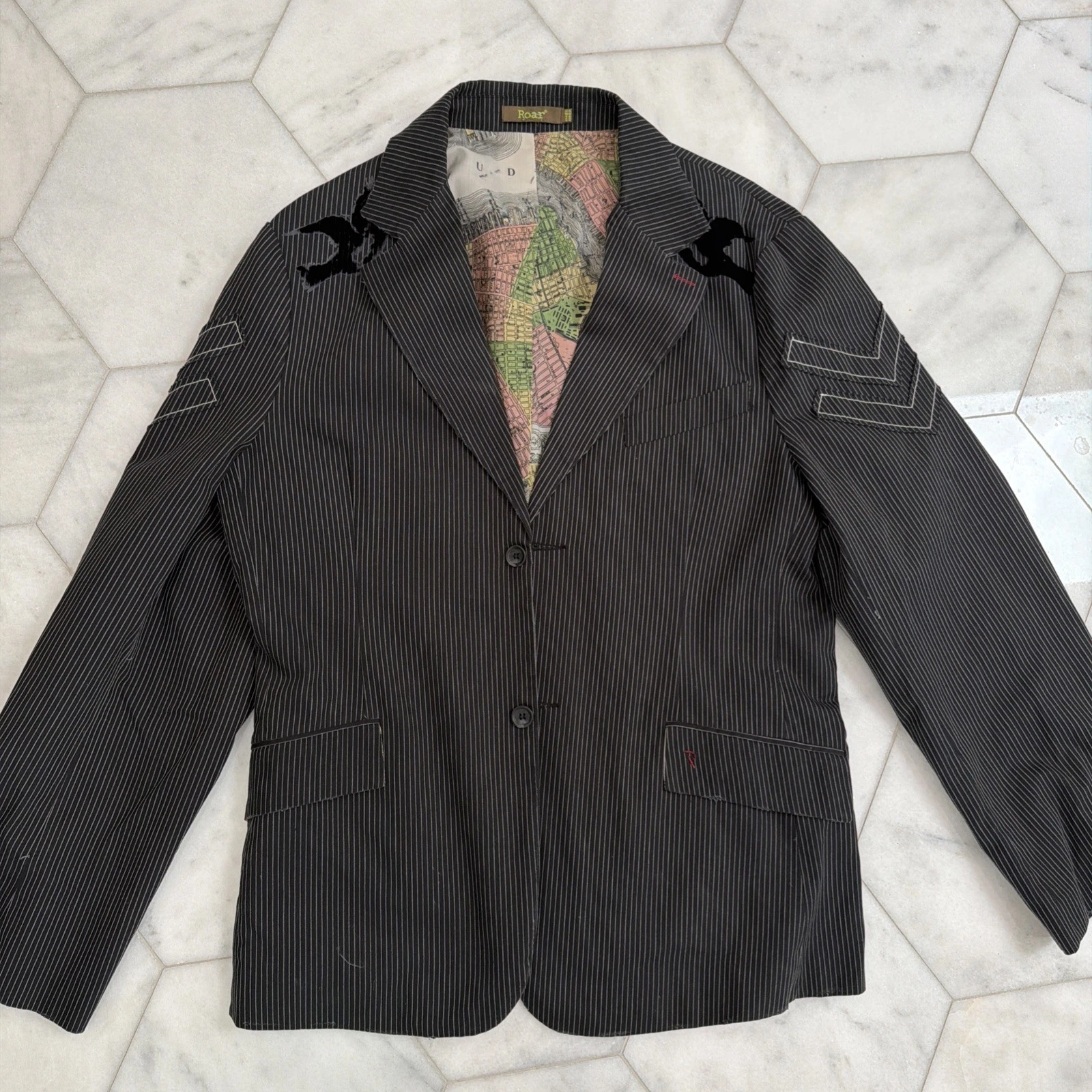 Roar Blazer Mens 2XL Y2K Pinstripe Embroidered Biker Goth Rocker Map Lining - product detail image 16