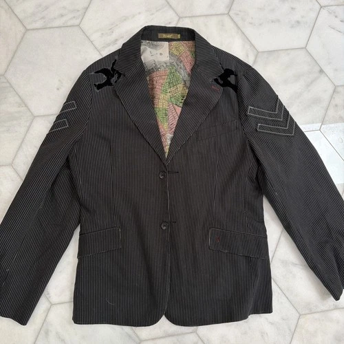 Roar Blazer Mens 2XL Y2K Pinstripe Embroidered Biker Goth Rocker Map Lining image 16
