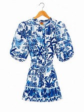 FARM Rio Sweet Rio Mini Puff Sleeve Blue/White Dress M