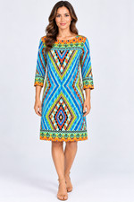 Peck & Peck Women's Stretch Abstract Print 3/4 Sleeve Shift Midi Dress Size S~M