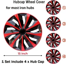 15" Red Black Set of 4 Wheel Covers Snap On Hub Caps fit R15 Tire & Plastic Rim