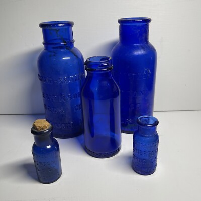 Lot of 5 Bromo Seltzer Emerson Drug Co Baltimore MD Cobalt Blue Bottles 3 sizes