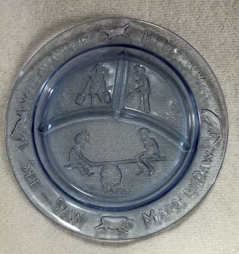Divided Plate, Cup, Bowl Tiara Blue 3 Piece Child’s Place Setting Nursery rhyme