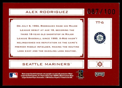 2004 Playoff Absolute #TT-6 Alex Rodriguez (line) BASEBALL Mariners - Picture 2 of 2