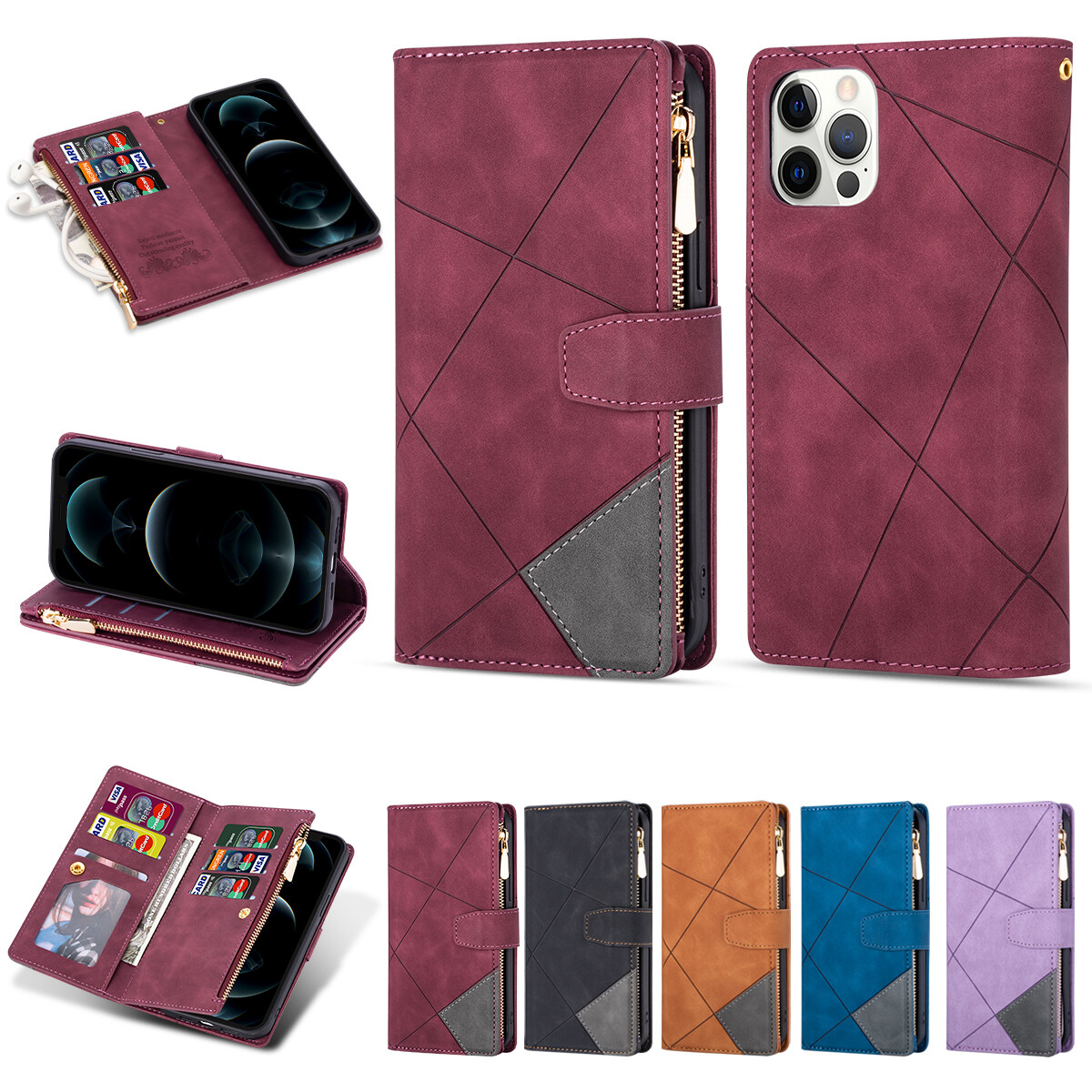 iPhone 16 Pro Max Wallet Case with Card Slots, Stand, and Strap for 15 Plus